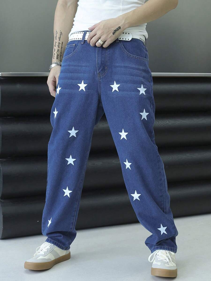 Manfinity Roughcore Men's Casual Multi-Pockets Five-Pointed Star Allover Print Simple Denim Jeans - Blue - View 1