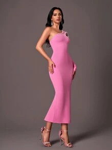SHEIN Belle Elegantes vestidos de gasa de manga larga y escote pronunciado con espalda abierta, cuentas y abertura lateral ajustada, en color rosa loto. Vestido de noche formal para fiesta, boda, graduación, cena - Rosa - Ver 7