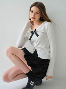 Enchnt Elegant White And 's Cardigan,Peter Pan Collar Lace Bow Sweater,Autumn Christmas Sweaters For Tea Party, Cardigans For Dates - White - View 3