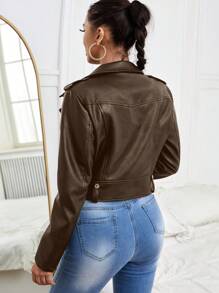 SHEIN Essnce Women's Solid Color Simple Everyday Stand Collar Long Sleeve Leather Jacket - Coffee Brown - View 2