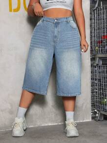 SHEIN EZwear 大码休闲牛仔及膝短裤（无弹力） - 淺色水洗藍 - 查看 4