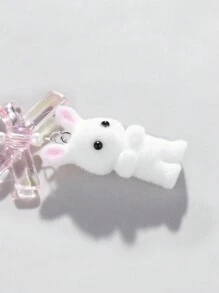 ROMWE Kawaii 3pcs/Set Pink Translucent Bow, White Faux Pearl, Grey/White/Pink Cute Rabbit Flocked Keychain Gift, Fashionable And Delicate Bag Charm, Suitable For Women's Daily Wear And Holidays Valentines