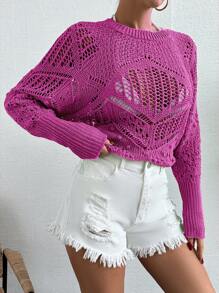 Cloudara Solid Raglan Sleeve Pointelle Knit Jumper - Pink - View 5