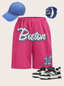 SHEIN Tween Boy Casual Sporty Loose Knitted Shorts With Print Pattern - Hot Pink - View 1