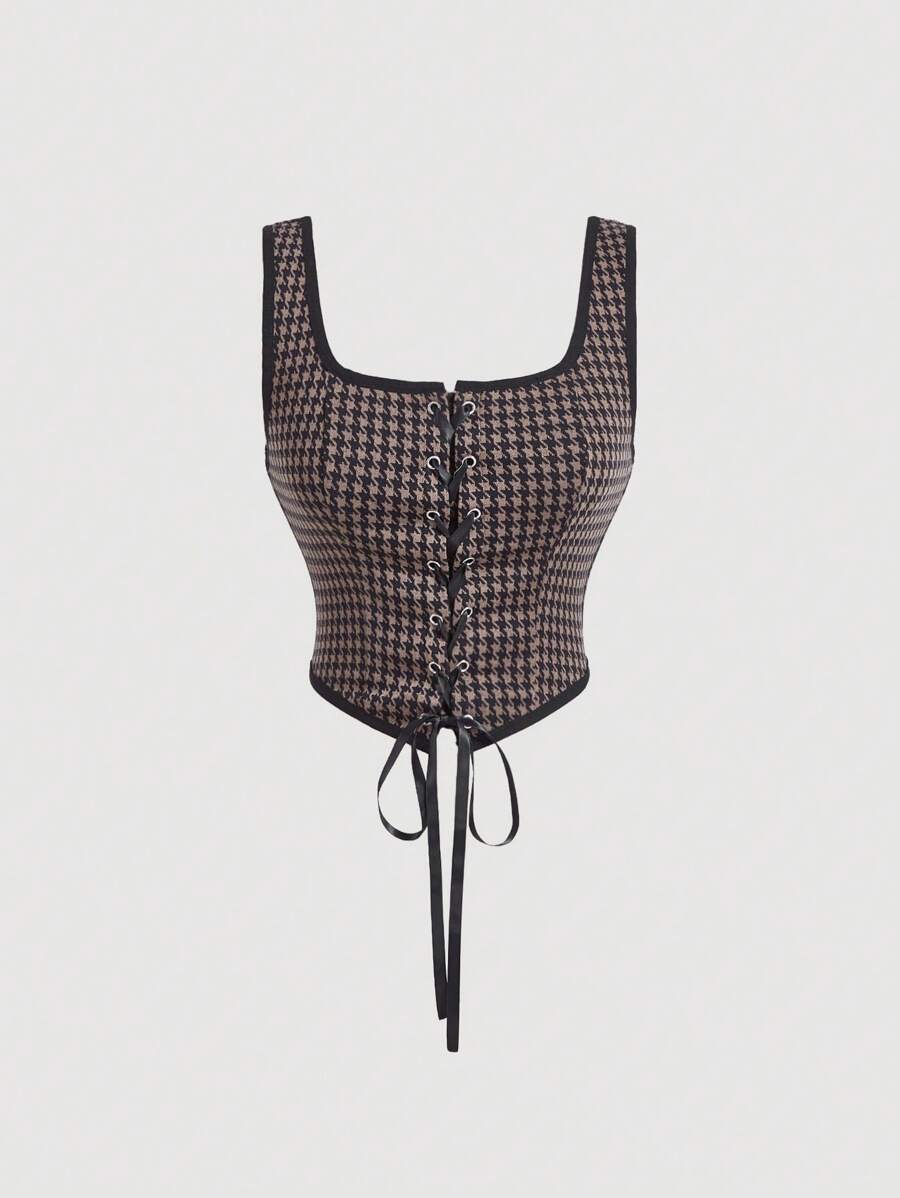 SHEIN MOD Áo ba lỗ buộc lưng kẻ caro phong cách cung điện cổ điển cỡ lớn màu tương phản - Nhiều màu - Xem 1