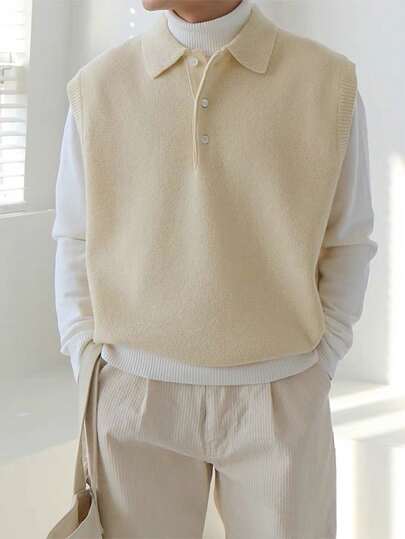 Claim Dot Men Solid Color Knit Vest, Spring And Autumn Back To School