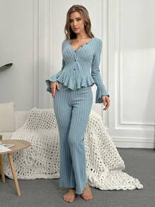 Women's Asymmetrical Ruffle Trim Top & Pants Loungewear Set Outfit - Blue - View 3