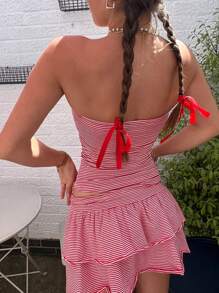 INAWLY Zestaw 2 damskich topów bandeau i minispódnic w paski z nadrukiem i wiązaniem z przodu