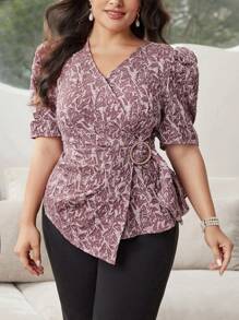 Modelyn Plus Size Cross-Wrap Short Sleeve Shirt For Summer - Pink - View 1