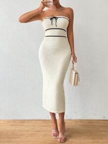 Pariaura 秋冬季女士抹胸连衣裙时尚针织性感连衣裙高档度假风长裙 - 杏色 - 查看 4