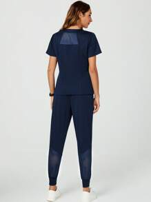 TaskEZ Women Solid Color Simple V-Neck Short Sleeve Top And Pants Scrub Uniform Set - Navy Blue - View 8