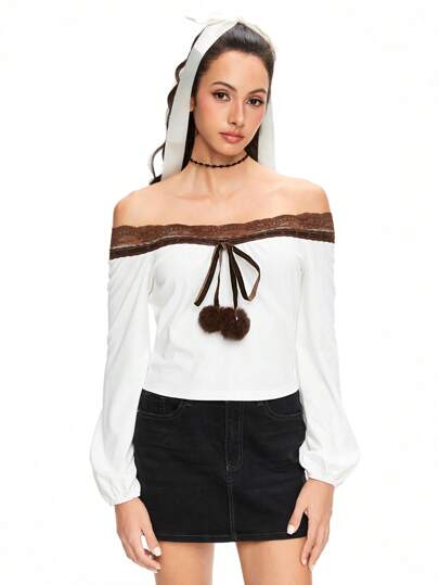 Kawaii Top à manches longues en dentelle avec épaules dégagées, doux et mignon pour femmes