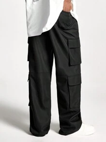 Manfinity VCAY 男士宽松直筒编织休闲口袋长裤，时尚街头风格 - 黑色 - 查看 3