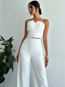 Firerie Women Elegant Design Asymmetrical Strapless Crop Tube Top & High Waisted Faux Boned Straight Pants Set, All White Two-Piece Outfit