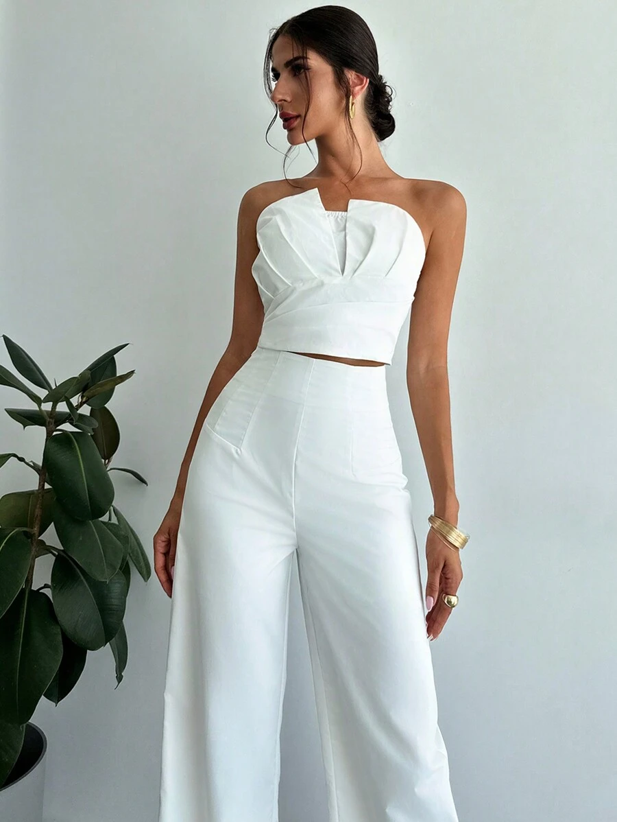 Firerie Women Elegant Design Asymmetrical Strapless Crop Tube Top & High Waisted Faux Boned Straight Pants Set, All White Two-Piece Outfit
