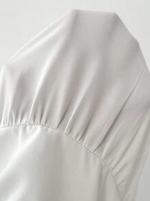 SHEIN Privé Women's Summer Casual Elegant Vacation Loose White Blouse With Tie Back, Lantern Sleeves And Ruffle Hem Fall Blouses