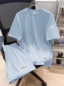 SHEIN 2pcs Teen Boys' Casual Loose Comfortable Logo Decor Short Sleeve Top And Shorts Set, Spring Summer