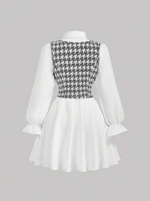 SHEIN MOD 拼色长袖衬衫裙配背心，学院风，两件套服装，自由打底裙，舞会礼服，教师礼服，办公室服装，返校节礼服，返校礼服，商务休闲女装，女士优雅仿珍珠，荷叶边长袖领常规款式短款黑白喇叭袖拼色，千鸟格，格子衬衫女式短裙，春季/秋季，休闲日常服装