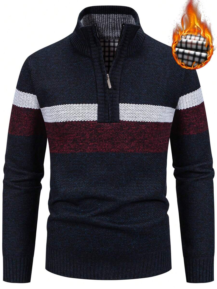 Calvornis Men's Contrast Color Zip-Up Stand Collar Long Sleeve Knitted Sweater, For Fall Winter - Black - View 1