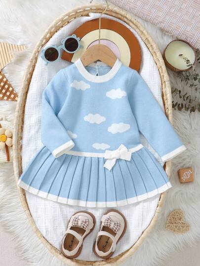 SHEIN Genkimix Kids Baby flickor himmelsblå söt Casual långärmad rund hals stickad klänning