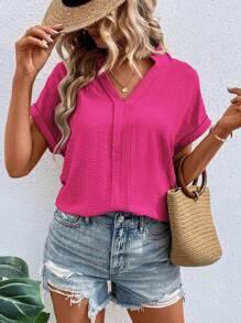 SHEIN LUNE Women's Solid Color Simple Casual Short Sleeve Blouse