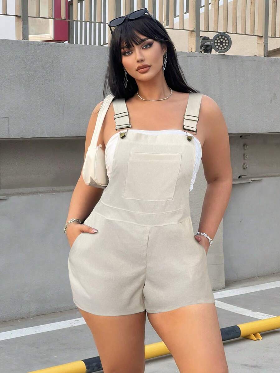 Flirla Plus Size Women's Summer Pocket Patched Solid Color Minimalist Daily Overall Romper