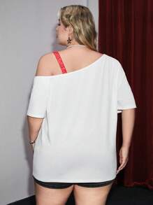 Betty Boop | ROMWE Plus Size Cartoon Character And Lips Printed Contrast Lace Asymmetrical Shoulder T-Shirt, Summer