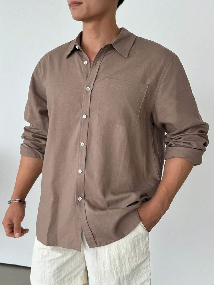 Men's Solid Color Single-Breasted Casual Long Sleeve Shirt, Spring & Autumn Business Attire
