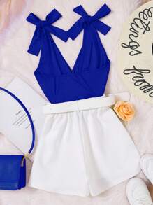 SHEIN Bộ 2 bộ quần short có thắt lưng và áo thường ngày có dây buộc màu trơn dành cho bé gái (lớn) - Màu xanh lam - Xem 2