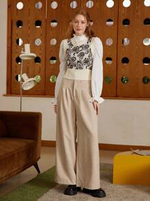 SHEIN MOD Chaleco de punto sin mangas con estampado floral para mujer, chaleco de punto vintage marrón con cuello redondo, chaleco de punto para mujer