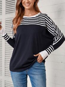 EMERY ROSE 女式宽松休闲 T 恤，长袖上有细条纹和纯色拼布