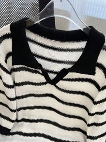 Calvaya Plus Size Striped Print Casual Turndown Collar Knit Top - Black and White - View 5
