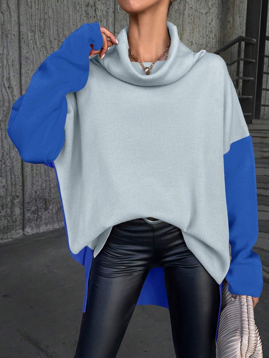 SHEIN Cottnline Women's Contrast Color Turn-down Collar Sweater - Blue - View 1