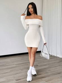 Flirla Vestido Elegante de Ombro Aberto de Manga Longa com Charme de Ombro Caído e Lapela para Mulheres - Branco - Visão 5