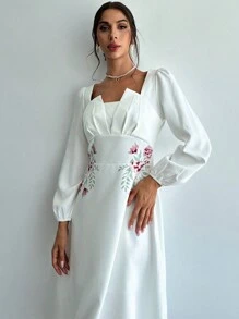 Firerie Abiti a-line con maniche lunghe, vita a peplum e design floreale simmetrico al collo, adatti per matrimonio/fidanzamento, concerto/festival, laurea - Bianco - Visualizzare 6