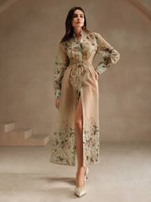 Anewsta 女式花卉印花雪纺连衣裙，法式长款女装 - 咖啡 - 查看 3