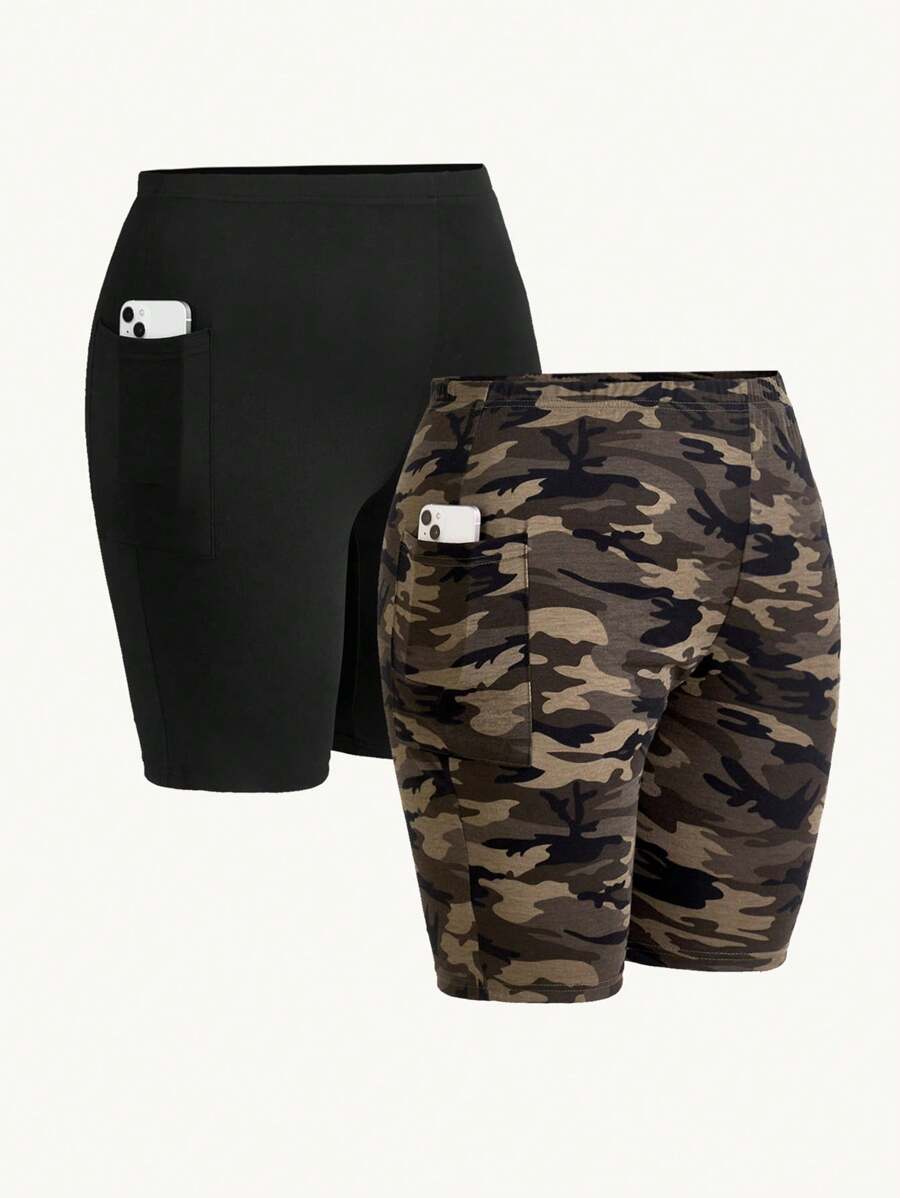 SHEIN Essnce Plus Size Women's Summer And Autumn Casual Sports Tight Motorcycle Shorts Camouflage And Black 2 Packs, Legging,Women's Bottoms,Shorts,Tights,Pocket Shorts
