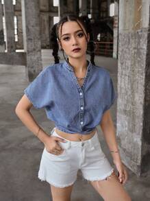 SHEIN Teen Girls Fashion Twist Front Batwing Sleeve Button Front Denim Shirt, Teen Girl Back To School Clothes Outfits