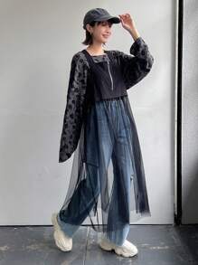 FRIFUL 女式纯色网眼撞色拉链无袖夏季连衣裙 - 黑色 - 查看 6
