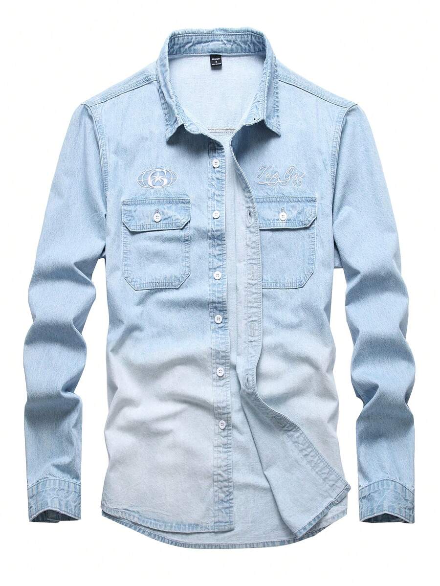 Manfinity Homme Men's Washed Faded Minimalist Casual Long Sleeve Denim Shirt - Light Wash - View 1