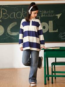 SHEIN Explorewe 青少女休閒條紋式撞色長袖緊身衣襯衫，有可摺疊領子，時尚百搭