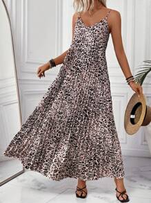 Breezaya Leopard Print Cinched Waist Pleated Cami Dress - Multicolor - View 1