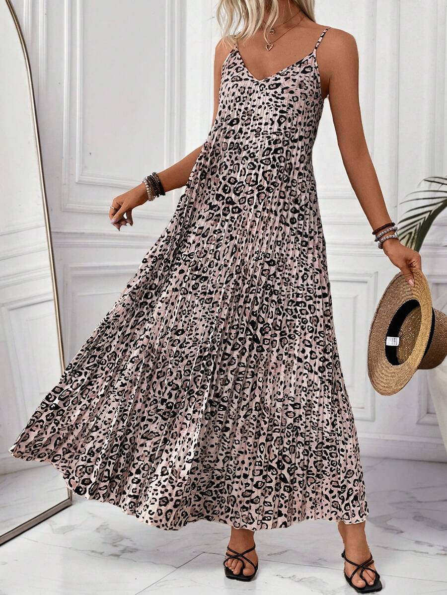 Breezaya Leopard Print Cinched Waist Pleated Cami Dress - Multicolor - View 1