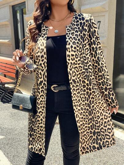 Chaqueta informal de manga larga con estampado de leopardo para mujer de talla grande