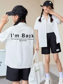 SHEIN White Casual Loose Fit Back Print Turn-Down Collar Shirt And Black Loose Fit Casual Weave Tagged Shorts Set, For Tween Girls