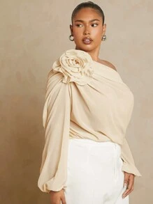 L'Amorae Plus Asymmetric Off Shoulder Shirt With 3D Flower
