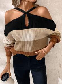 SHEIN Clasi Áo len cổ lọ sọc tương phản thường ngày, mùa xuân thu - Nhiều màu - Xem 5