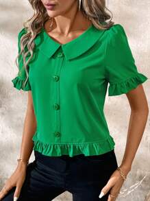 SHEIN Clasi 优雅女士 V 领荷叶边衬衫、短袖上衣 - 綠色 - 查看 4
