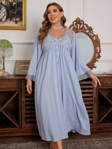 Floral Embroidery Ruched Design Plus Size Camisole Nightgown & Bathrobe 2pcs Set - Blue - View 1