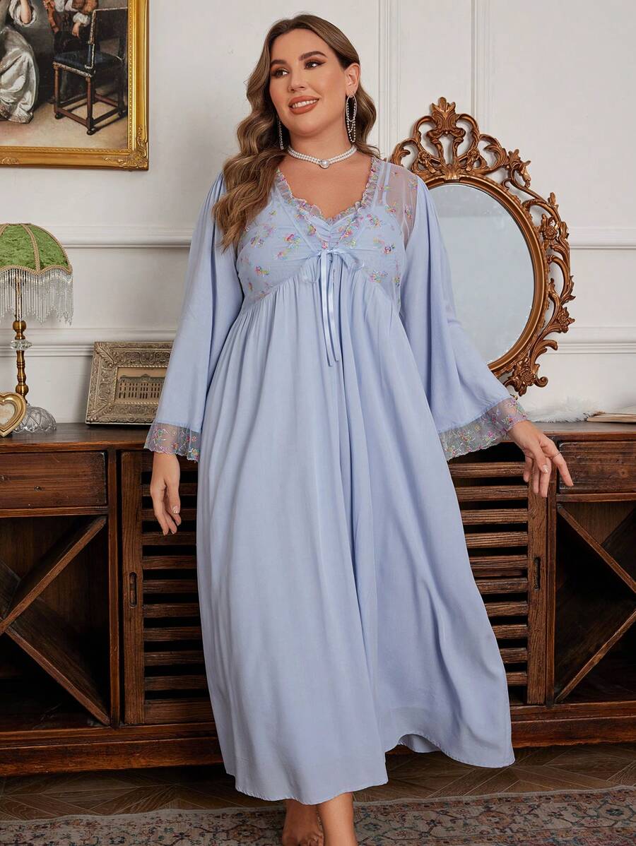 Floral Embroidery Ruched Design Plus Size Camisole Nightgown & Bathrobe 2pcs Set - Blue - View 1